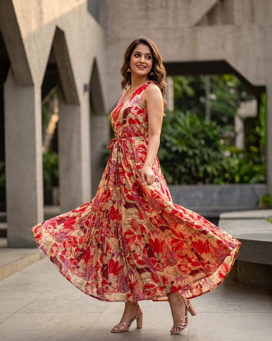 Floral Print Rayon Pearl Work Halter Neck Tiered Maxi Gown