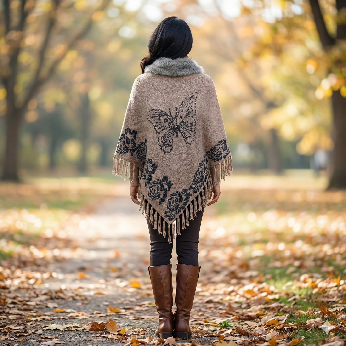 Chocolate Brown Butterfly Knit Poncho with Faux Fur Collar & Fringe