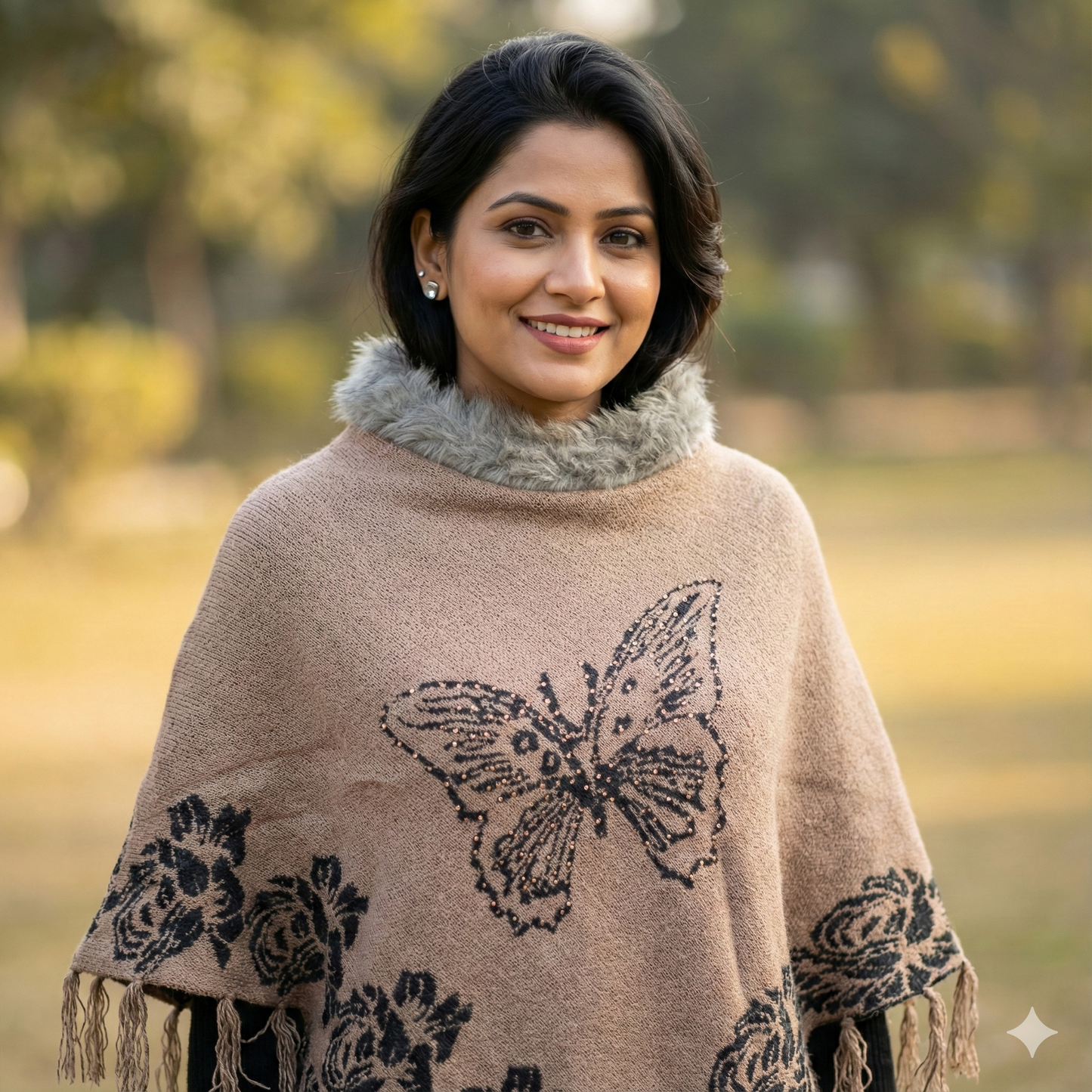 Chocolate Brown Butterfly Knit Poncho with Faux Fur Collar & Fringe