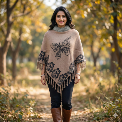 Chocolate Brown Butterfly Knit Poncho with Faux Fur Collar & Fringe