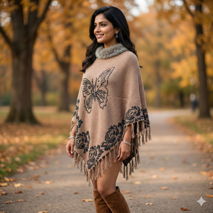 Chocolate Brown Butterfly Knit Poncho with Faux Fur Collar & Fringe