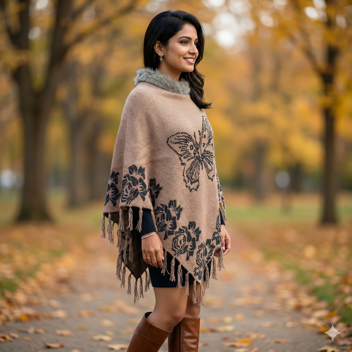 Chocolate Brown Butterfly Knit Poncho with Faux Fur Collar & Fringe