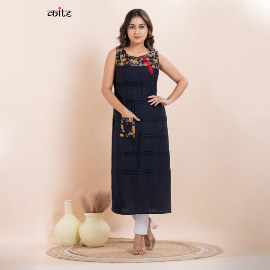 Kite Styles Navy Blue Rayon Pleats Kurti with Floral Yoke & Pocket