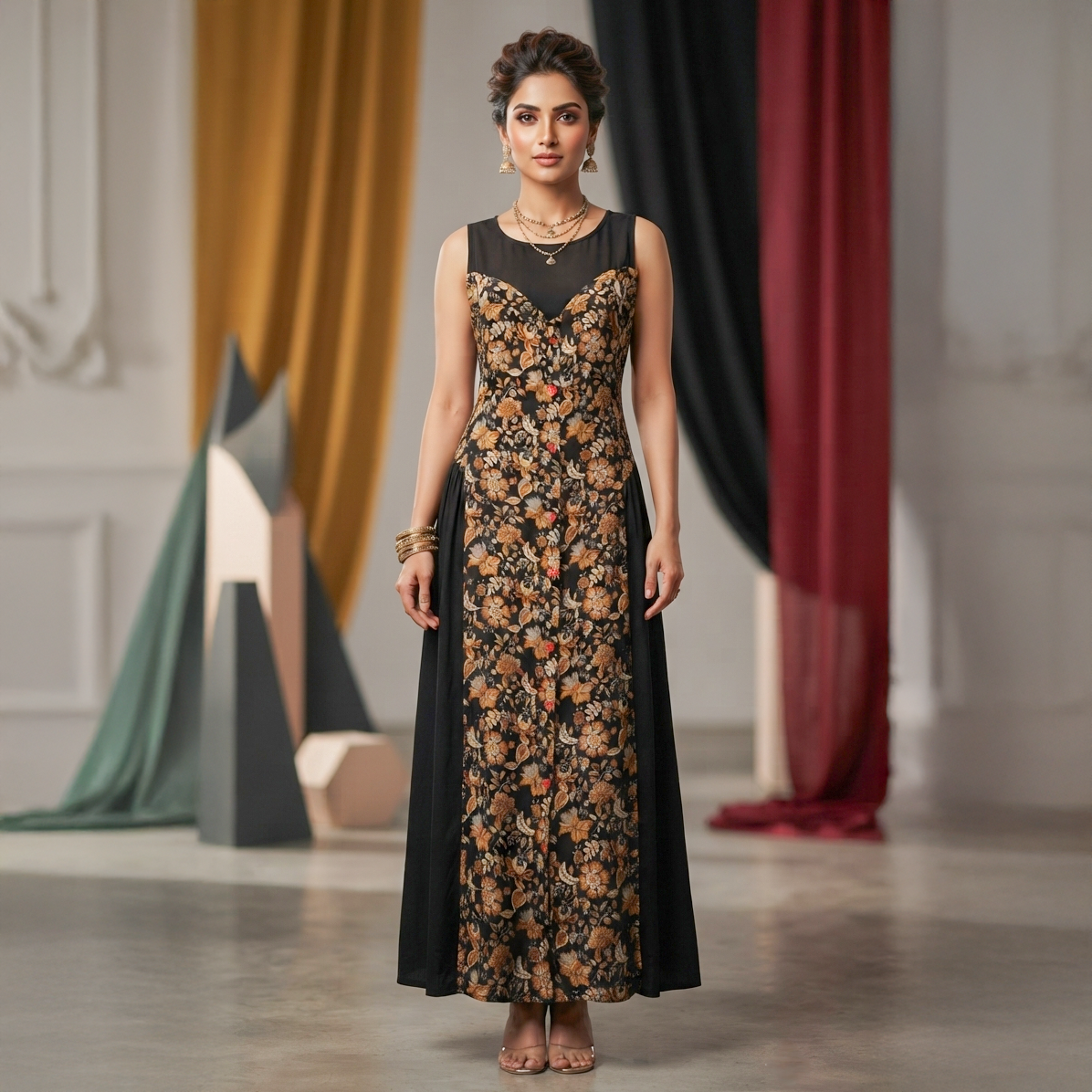 Meera Foil Floral Pleated Maxi Dress