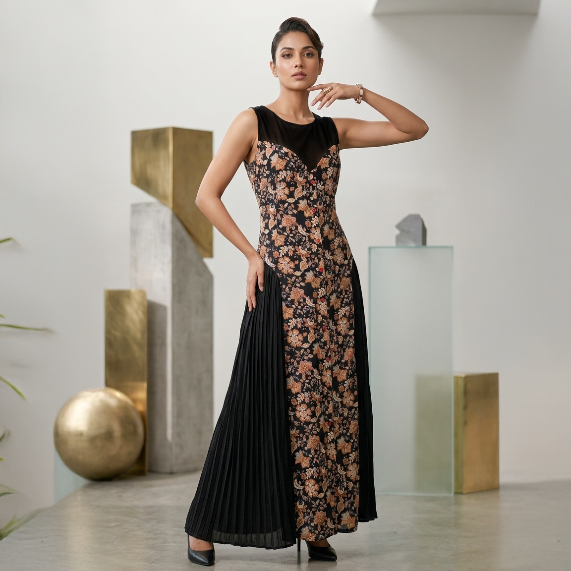 Meera Foil Floral Pleated Maxi Dress