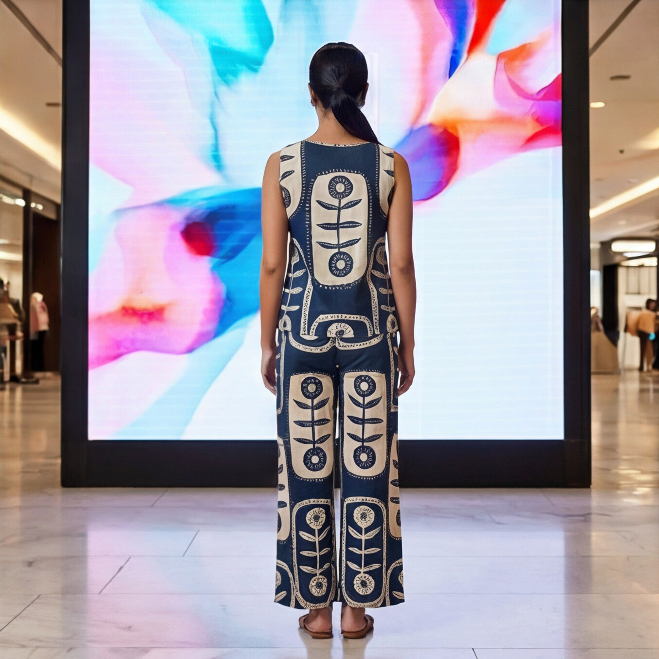 Sleeveless Rayon Co-Ord Set — Navy Block Print