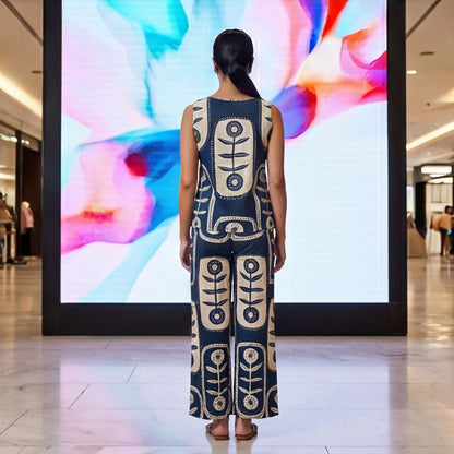 Sleeveless Rayon Co-Ord Set — Navy Block Print