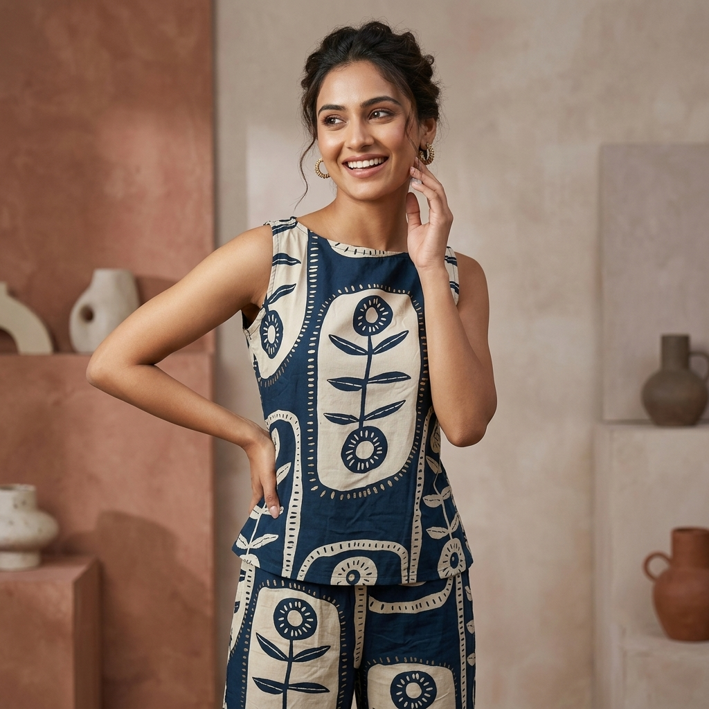 Sleeveless Rayon Co-Ord Set — Navy Block Print