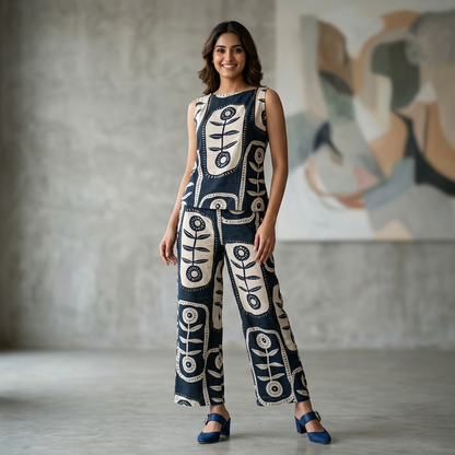 Sleeveless Rayon Co-Ord Set — Navy Block Print
