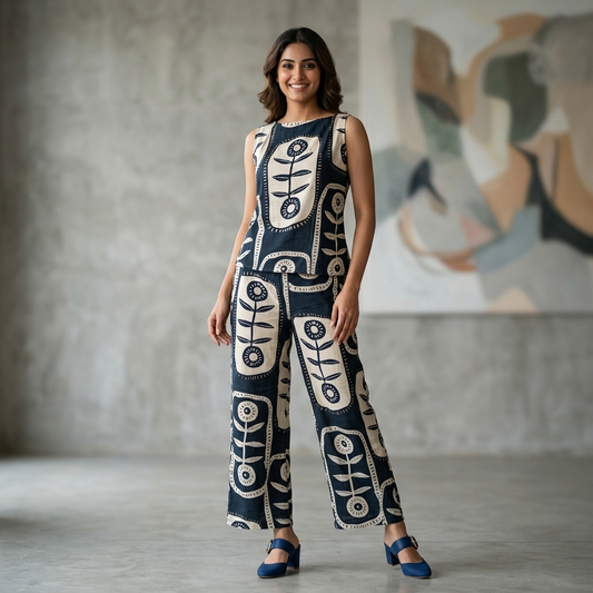 Sleeveless Rayon Co-Ord Set — Navy Block Print