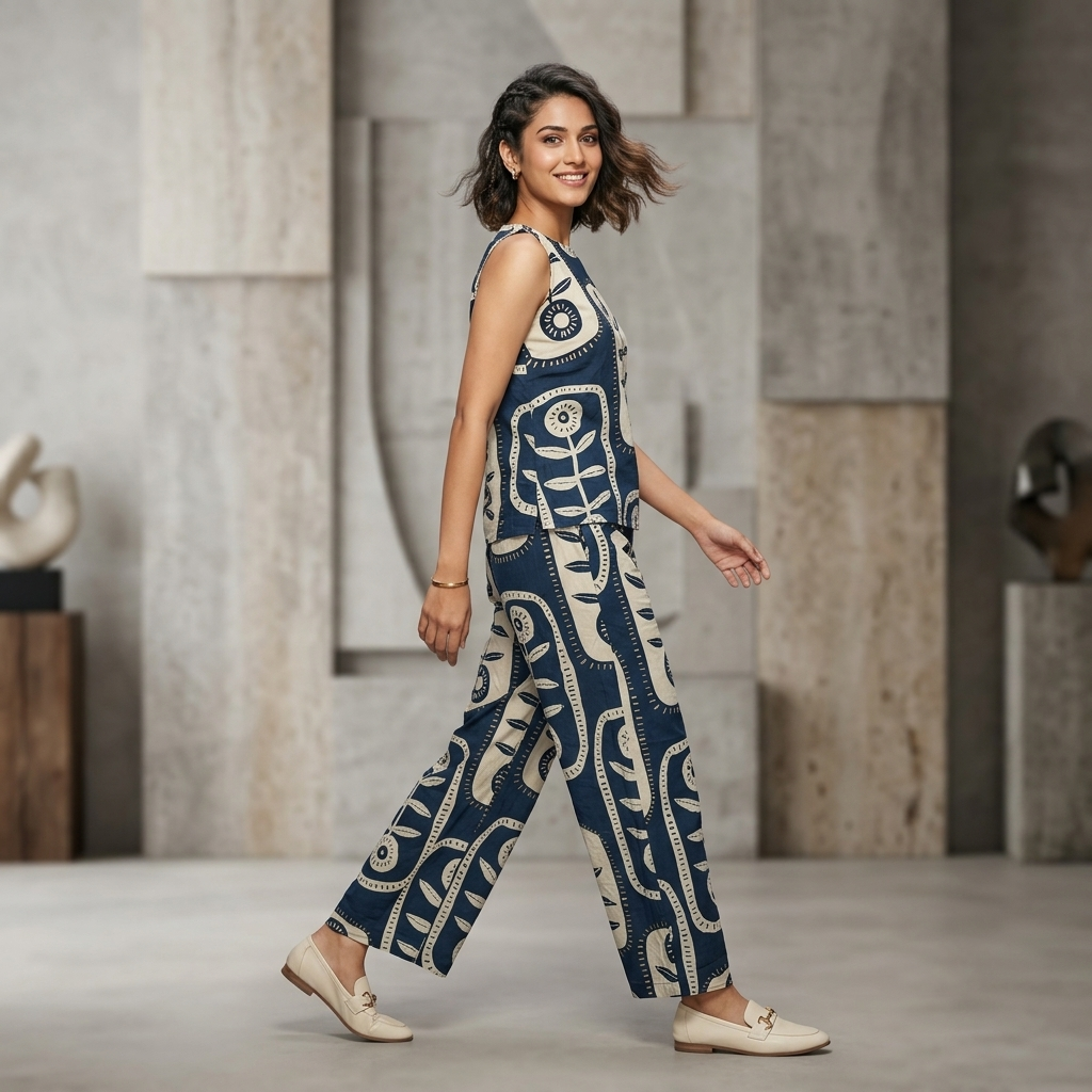 Sleeveless Rayon Co-Ord Set — Navy Block Print