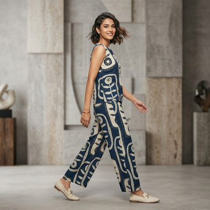 Sleeveless Rayon Co-Ord Set — Navy Block Print
