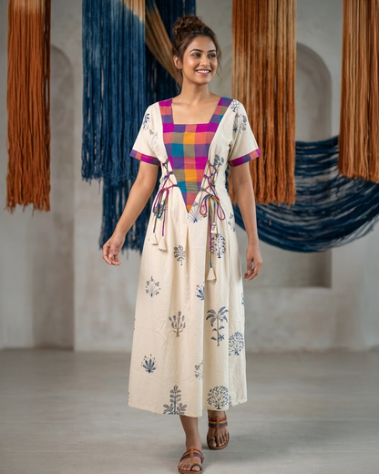 Khadi Cotton Corset Tie-Up Printed Midi Dress