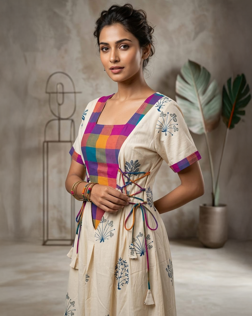 Khadi Cotton Corset Tie-Up Printed Midi Dress