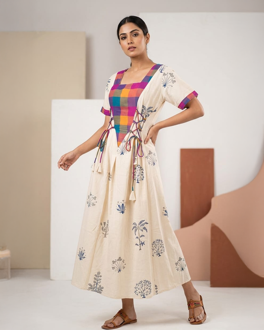 Khadi Cotton Corset Tie-Up Printed Midi Dress