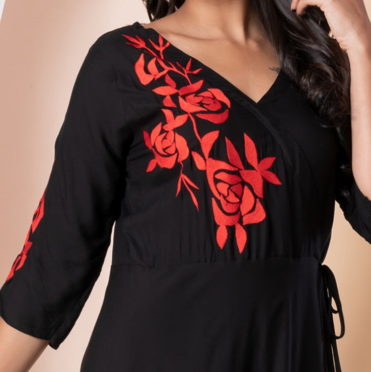 Rose Embroidered Wrap Dress