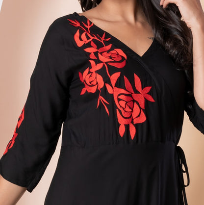 Rose Embroidered Wrap Dress