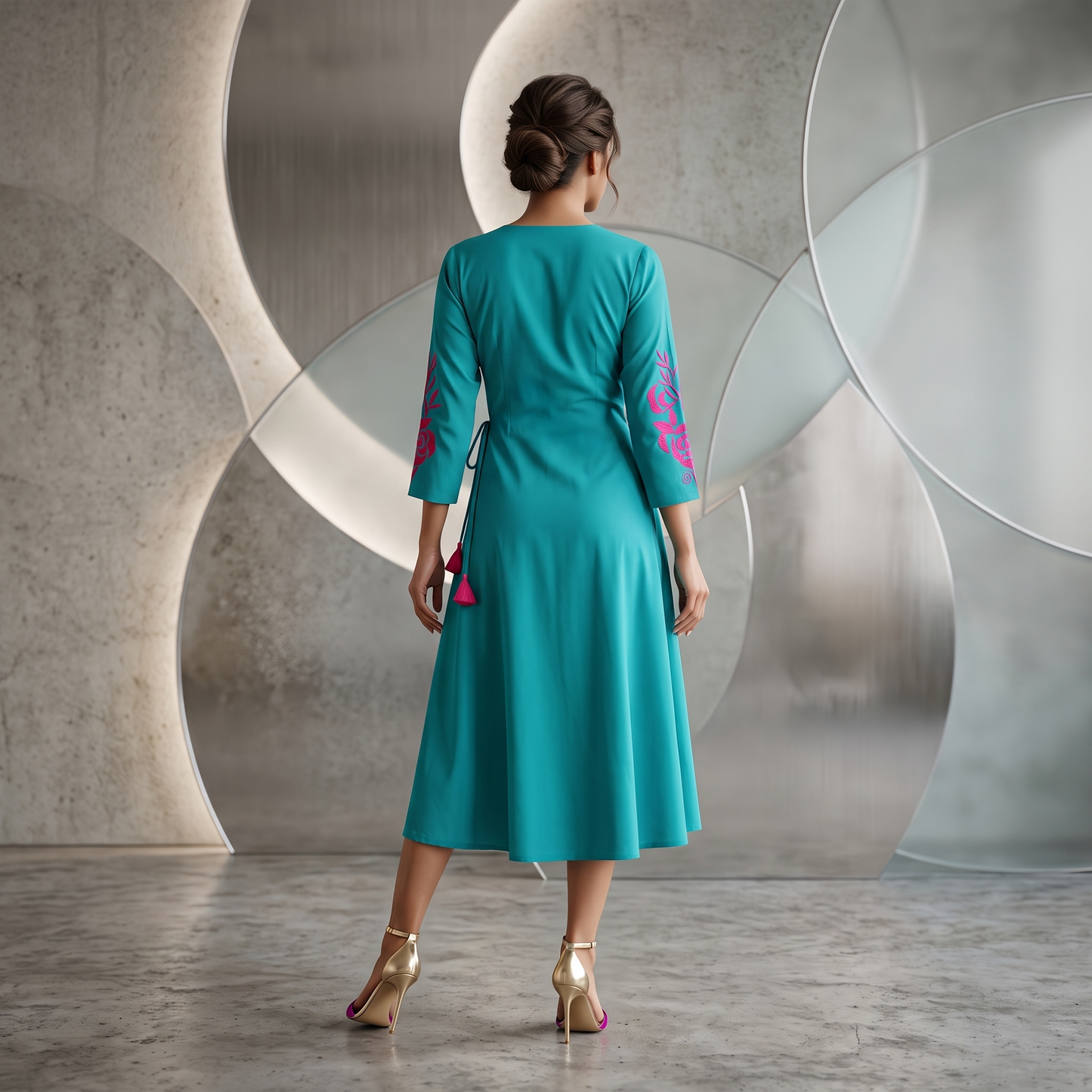 Teal Rose Embroidered Wrap Dress