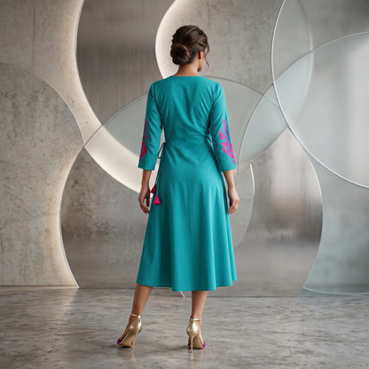 Teal Rose Embroidered Wrap Dress