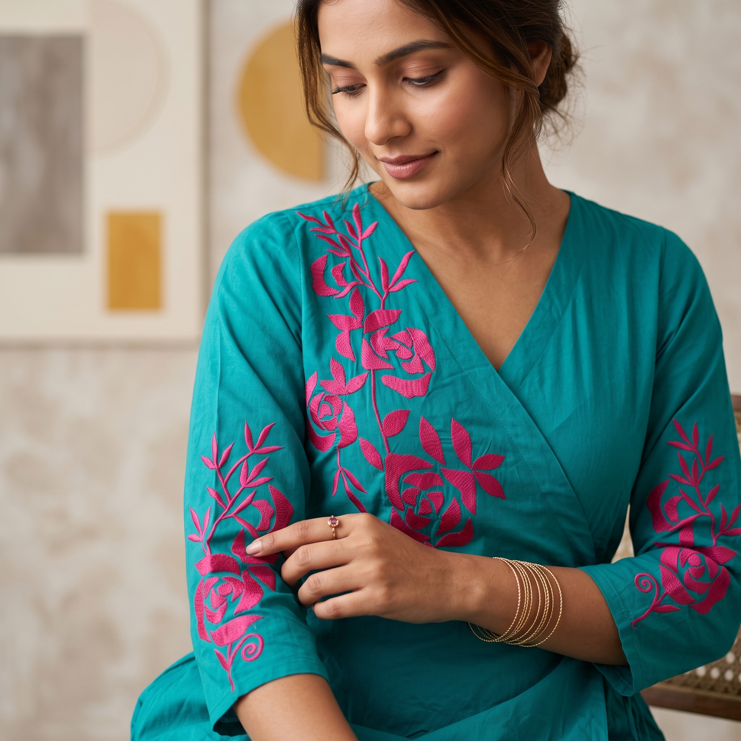 Teal Rose Embroidered Wrap Dress