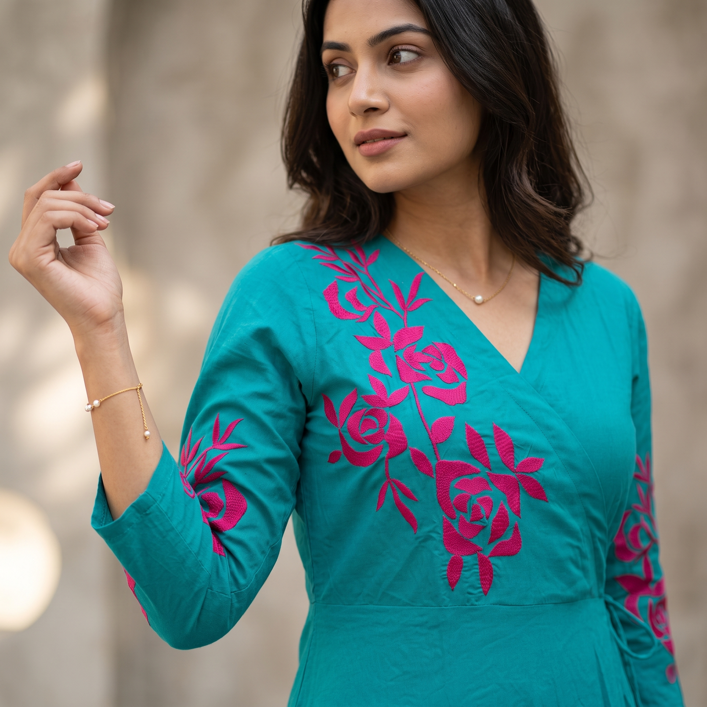 Teal Rose Embroidered Wrap Dress