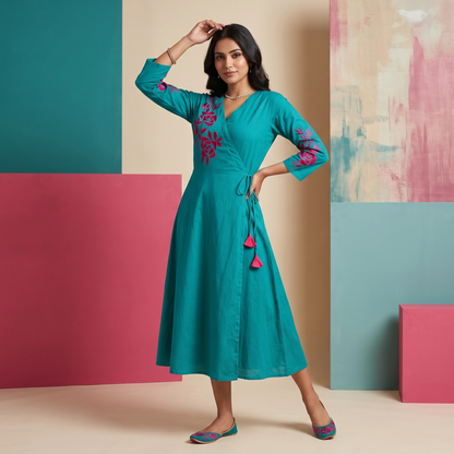 Teal Rose Embroidered Wrap Dress
