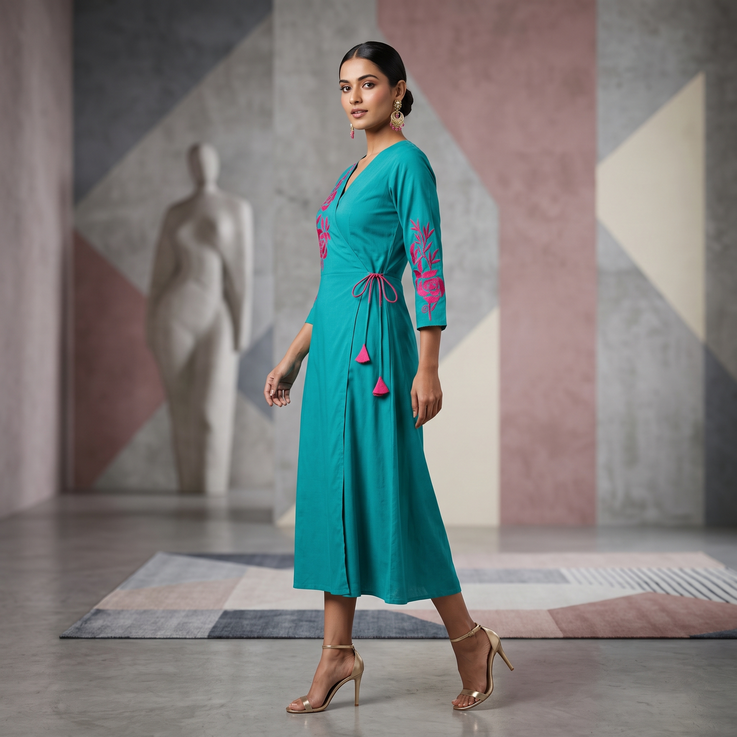 Teal Rose Embroidered Wrap Dress