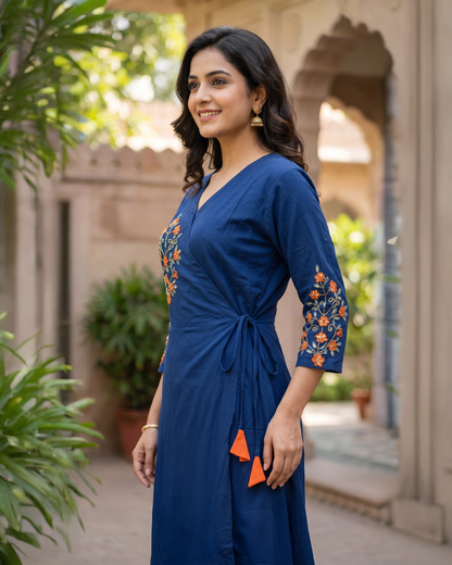 Royal Blue Floral Embroidered Wrap Dress with Tassel Details
