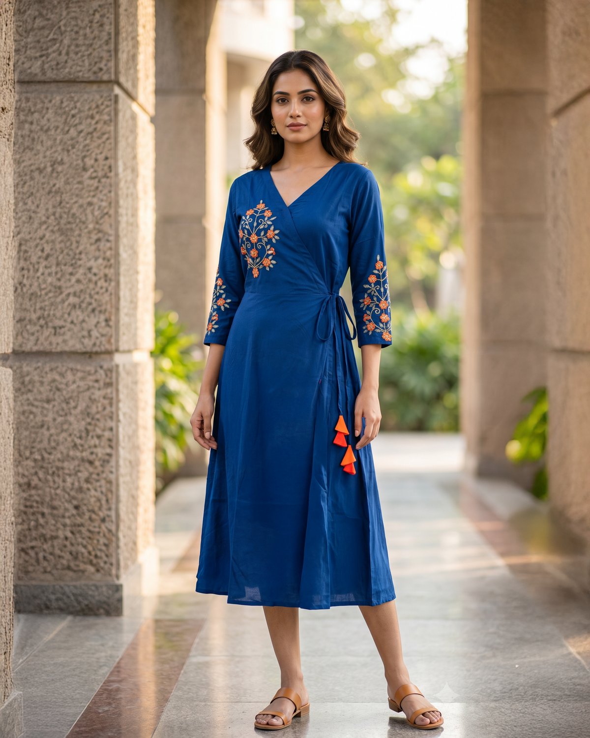 Royal Blue Floral Embroidered Wrap Dress with Tassel Details
