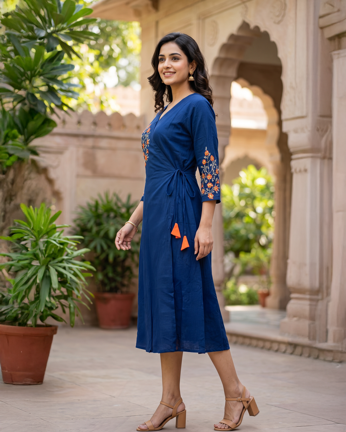 Royal Blue Floral Embroidered Wrap Dress with Tassel Details