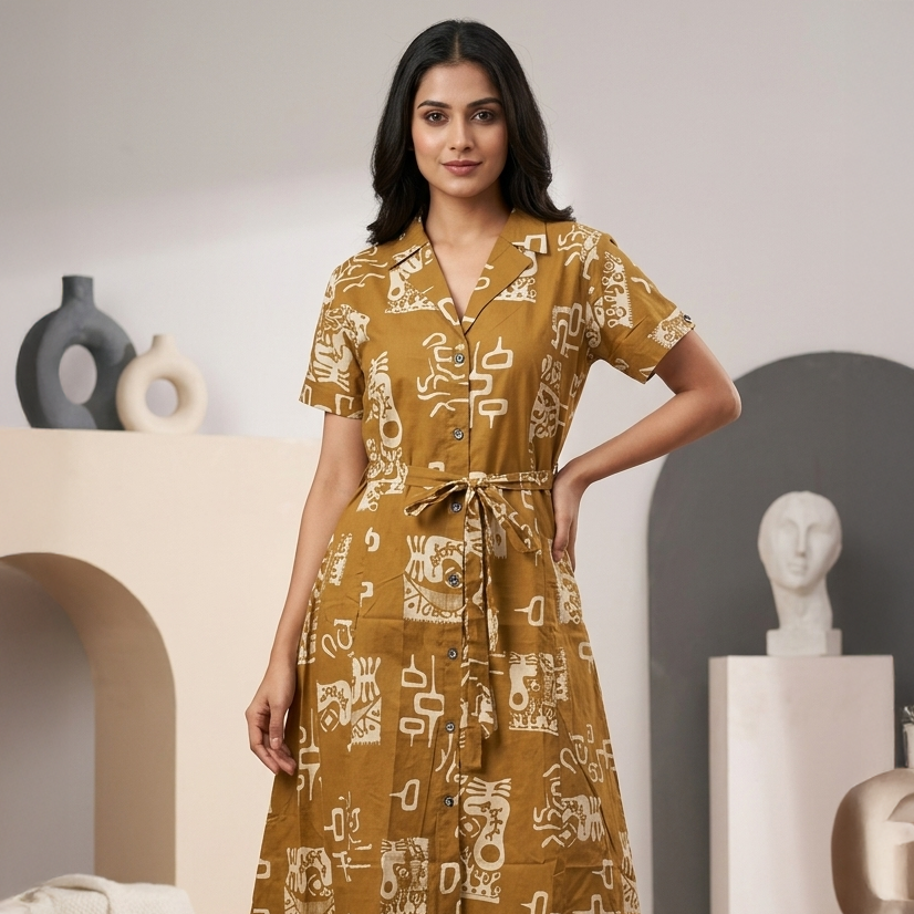Mustard Tribal Print Cotton Shirt Dress