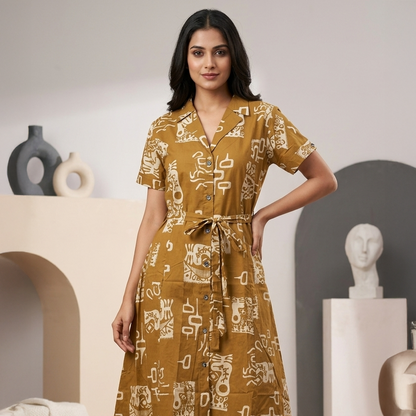 Mustard Tribal Print Cotton Shirt Dress