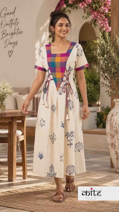 Khadi Cotton Corset Tie-Up Printed Midi Dress