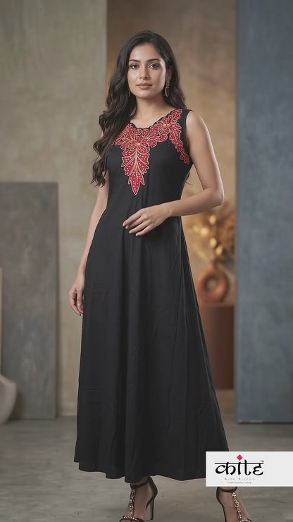 Rayon Floral Applique Sleeveless Flared Maxi Gown