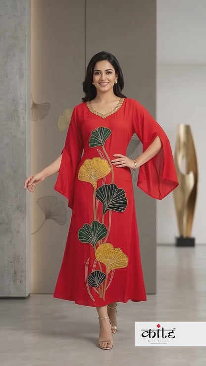 Red Wrinkle Rayon Beadwork Applique Maxi Gown